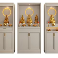Light Gray Buddhist Shrine Cabinet with Golden Buddha Statues Offerings and Circular Halo Lights