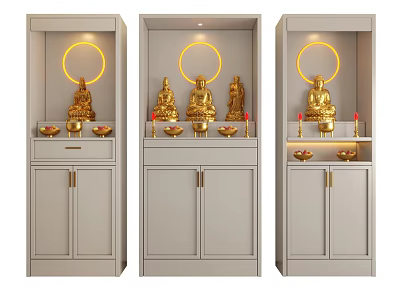 Light Gray Buddhist Shrine Cabinet with Golden Buddha Statues Offerings and Circular Halo Lights 3d model