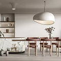 Modern Restaurant Interior With Marble Counter Pink Chairs Pendant Light And Decor Shelves
