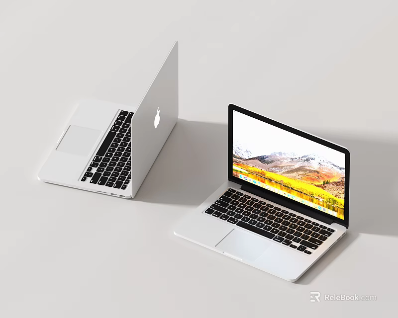 Two White Sleek Laptops One Open Displaying Landscape Wallpaper Another Closed 3d model