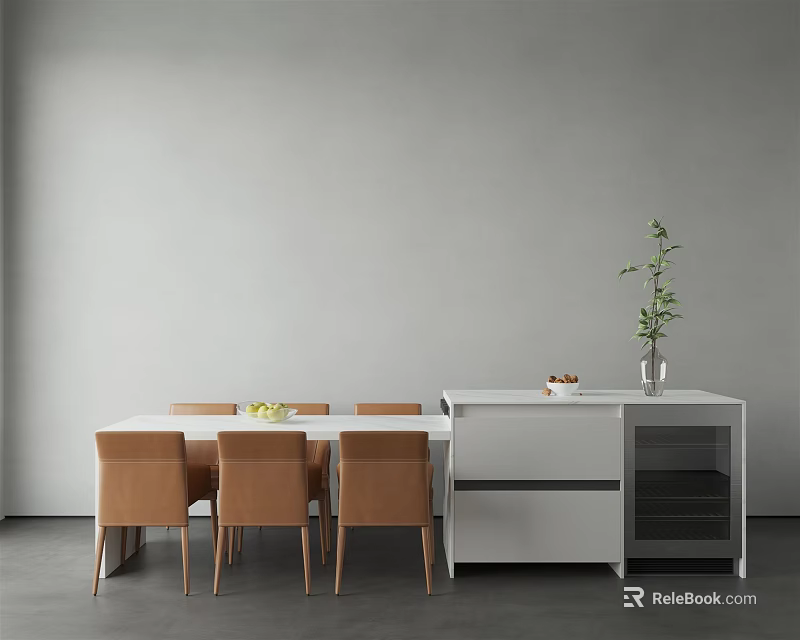 Dining Table Set with Brown Chairs and White Side Cabinet Featuring Plant on Gray Wall 3d model 