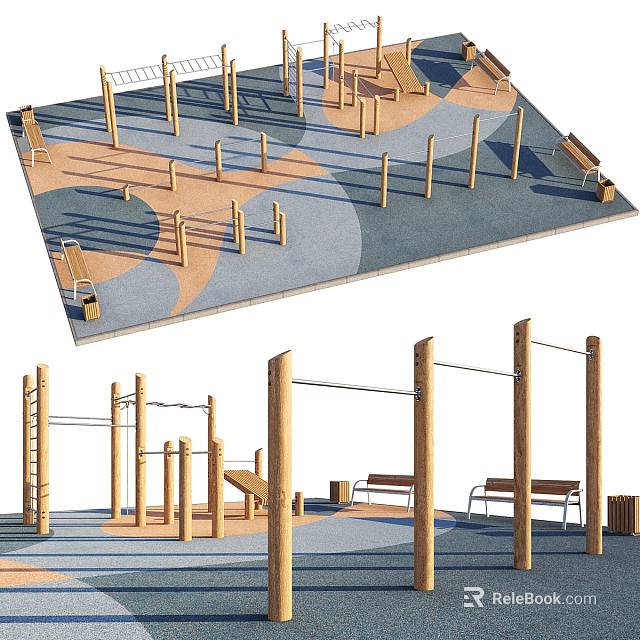Outdoor Wooden Playground Equipment With Climbing Frames Horizontal Bars Benches And Colorful Floor Mats 3d model 