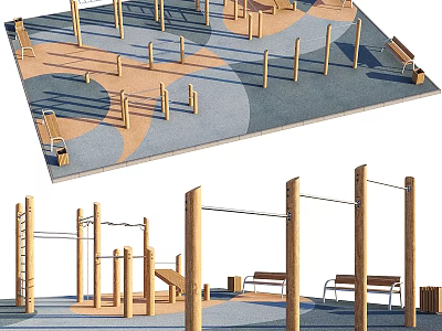 Outdoor Wooden Playground Equipment With Climbing Frames Horizontal Bars Benches And Colorful Floor Mats 3d model