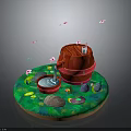 Vibrant Garden Scene With Red Bucket Water Basin Green Grass Small Flowers And Butterflies