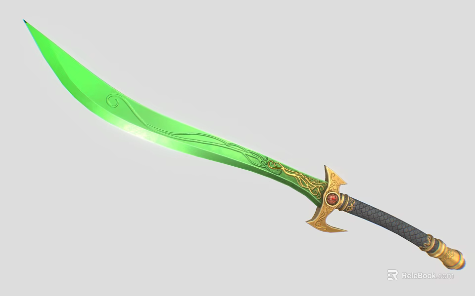 Fantasy Green Sword With Intricate Golden Decorations And Black Wrapped Handle 3d model 
