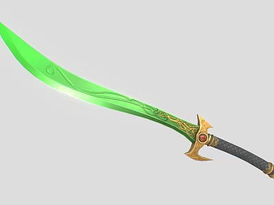 Fantasy Green Sword With Intricate Golden Decorations And Black Wrapped Handle 3d model