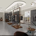 Elegant Modern Clothing Store Interior With Hanging Clothes Display Racks And Sofa