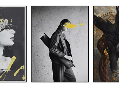 Abstract Portrait Artworks with Black and White Tones Golden Accents and Modern Style 3d model
