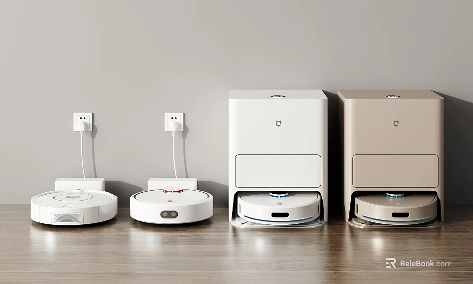 Robotic Vacuum Cleaners For Daily Use Lined Up On Wooden Floor With Light Wall 3d model 