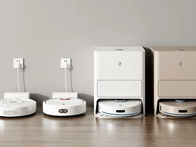 Robotic Vacuum Cleaners For Daily Use Lined Up On Wooden Floor With Light Wall 3d model