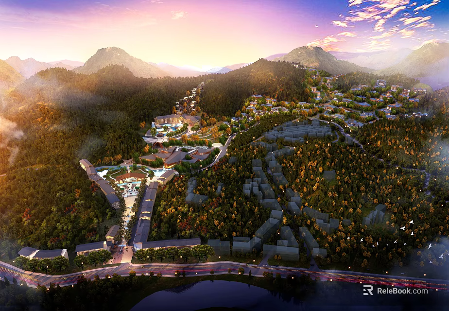 Scenic Hotel Building In Resort Area Surrounded By Mountains And Green Trees 3d model 