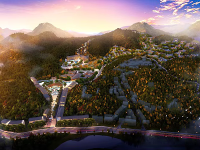 Scenic Hotel Building In Resort Area Surrounded By Mountains And Green Trees 3d model