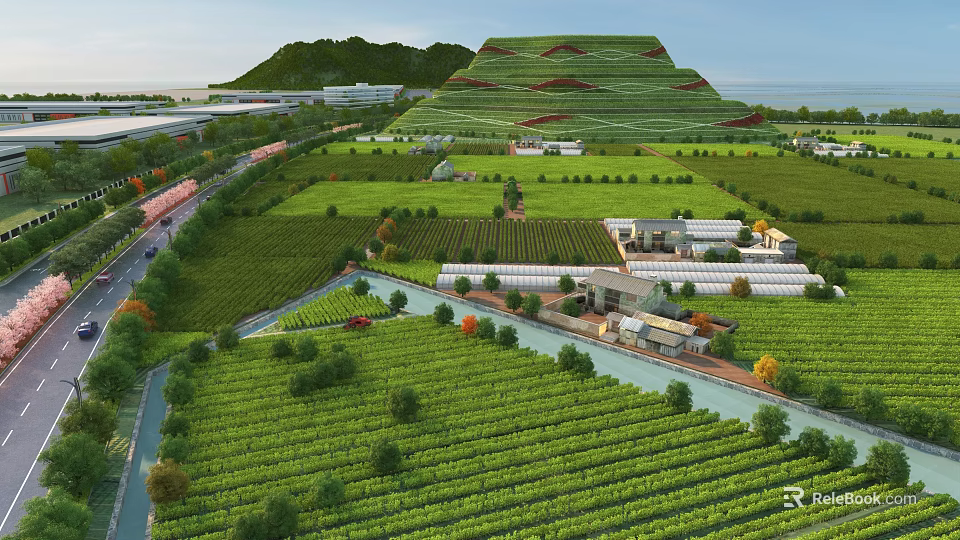 Lush Terraced Agricultural Fields With Greenhouses River And Surrounding Hills 3d model 