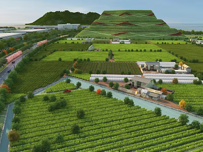 Lush Terraced Agricultural Fields With Greenhouses River And Surrounding Hills 3d model