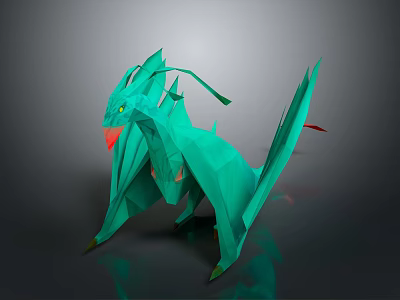 Green Origami Dragon 3D Model With Sharp Wings Yellow Eyes And Red Accents 3d model