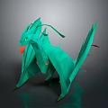 Green Origami Dragon 3D Model With Sharp Wings Yellow Eyes And Red Accents