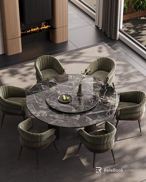 Elegant Restaurant Featuring Round Marble Dining Table With Dark Green Velvet Chairs And Flower Vase 3d model 