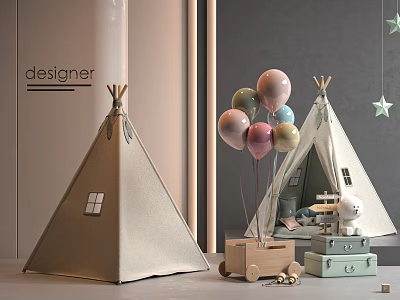 Children's Tepee Tent With Pastel Balloons Wooden Toys And Star Decorations 3d model