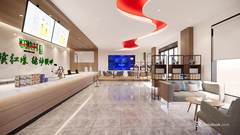 Bright Lighting Showroom Interior With Display Shelves Sofa And Digital Screen 3d model 