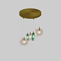 Modern Chandelier with Spherical Glass Shades in Green and Transparent Tones and Brass Hanging Structure