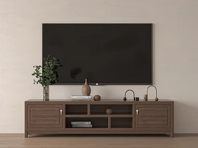 Modern Wooden TV Stand with Flat Screen TV Green Plant Books and Metal Decor 3d model