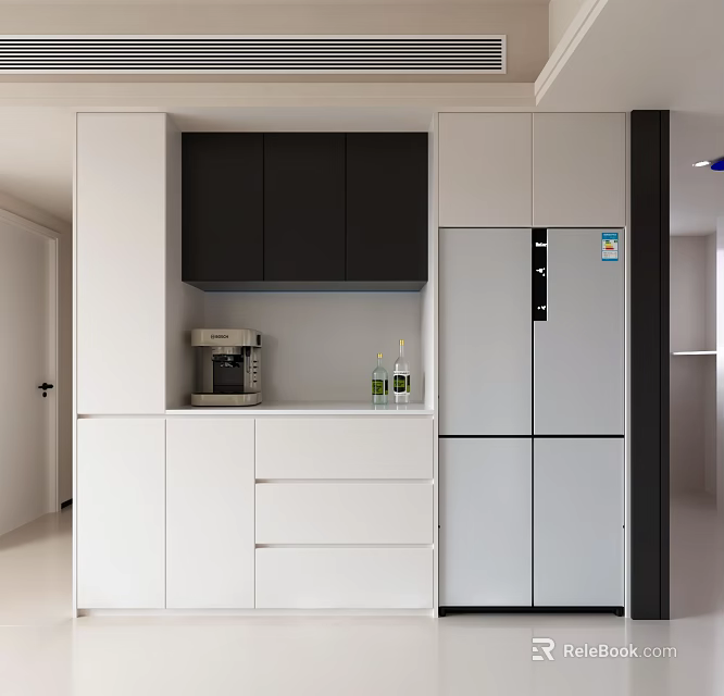 Modern White and Black Sideboard with Coffee Machine Bottles and Refrigerator in Kitchen 3d model 