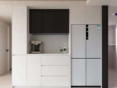 Modern White and Black Sideboard with Coffee Machine Bottles and Refrigerator in Kitchen 3d model