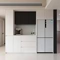 Modern White and Black Sideboard with Coffee Machine Bottles and Refrigerator in Kitchen