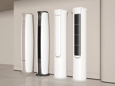 Four Modern Tower Air Coolers With Sleek White And Black Designs In Indoor Space 3d model