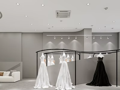 Wedding Dress Shop Interior With White Wedding Dresses Black Gown And Modern Lighting 3d model