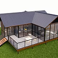 Modern Boutique Guesthouse With Dark Roof Large Glass Walls And Wooden Deck On Green Grass