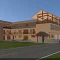 Traditional Guesthouse Building With Wooden Roof Balconies Light Exterior Lawn And Road