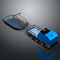 Blue Industrial Transport Vehicle With Metal Trailer And Black Control Panel Wheels