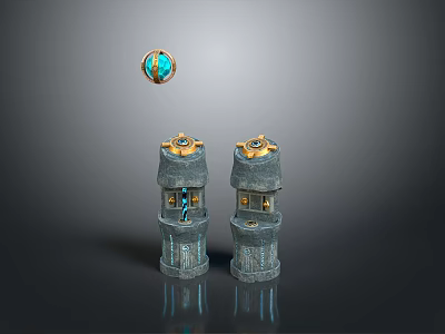 Gray Tower Like Equipment With Gold Top Decorations Small Blue Windows And Floating Blue Sphere 3d model