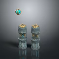 Gray Tower Like Equipment With Gold Top Decorations Small Blue Windows And Floating Blue Sphere