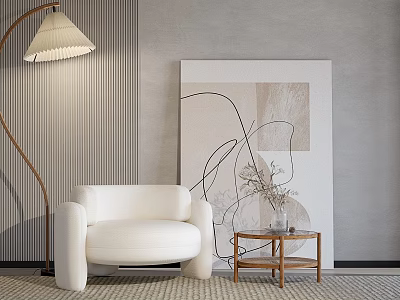 White Single Sofa with Floor Lamp Abstract Painting and Side Table on Gray Striped Wall 3d model