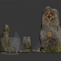 Intricately Carved Stone Sculptures With Circular Decorative Symbols And Smaller Carvings