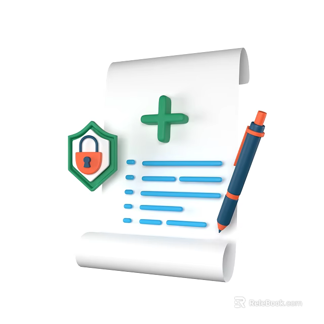 Notebook With Scroll Paper Green Cross Shield Lock Security And Pen 3d model 