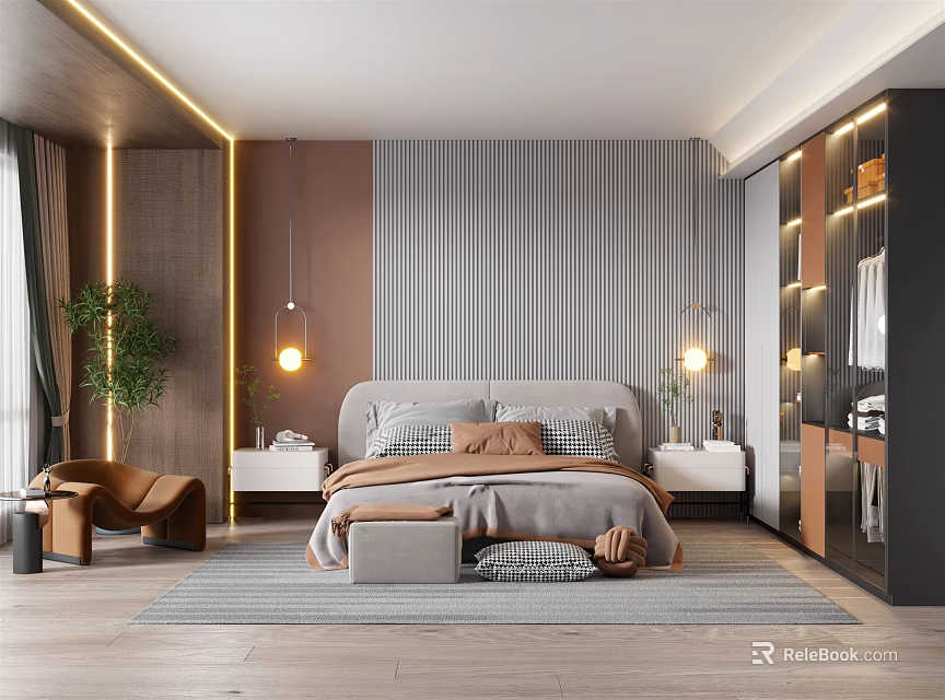 Modern Bedroom Interior Design With Cozy Bed Nightstands Pendant Lights And Green Plant 3d model 