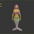 3D Mermaid Model With Red Hair Purple Bikini Top Green Scaly Tail On Gray Background