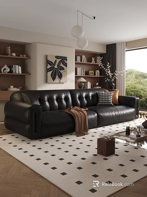 Living Room Black Leather Sofa Coffee Table Set With Brown Blanket Checkered Cushion Glass Top 3d model 