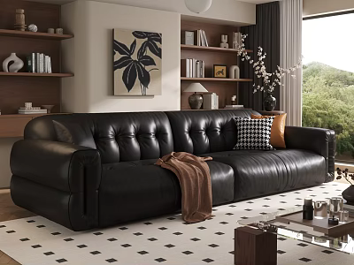 Living Room Black Leather Sofa Coffee Table Set With Brown Blanket Checkered Cushion Glass Top 3d model