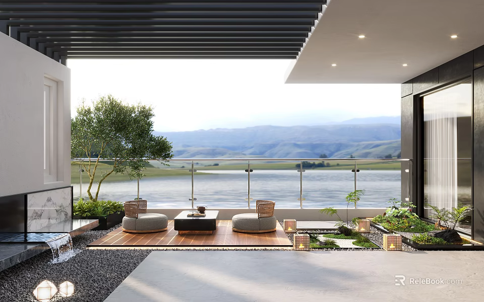 Serene Rooftop Garden With Outdoor Seating Green Plants Glass Railing And Mountain View 3d model 