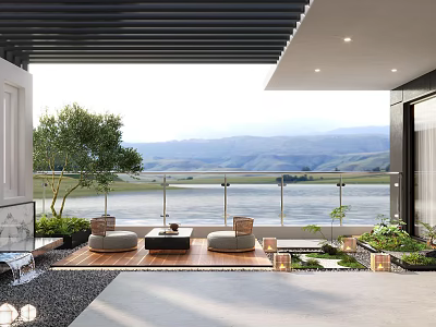 Serene Rooftop Garden With Outdoor Seating Green Plants Glass Railing And Mountain View 3d model