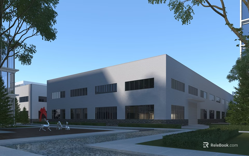 Modern Industrial Factory Building With White Exterior Large Windows Greenery And Outdoor Sculptures 3d model 