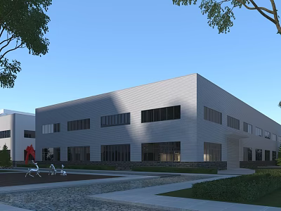 Modern Industrial Factory Building With White Exterior Large Windows Greenery And Outdoor Sculptures 3d model