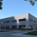 Modern Industrial Factory Building With White Exterior Large Windows Greenery And Outdoor Sculptures