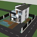 Modern Two Story Detached Villa Exterior with Balcony Greenery and Floor to Ceiling Windows