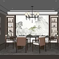 Chinese Style Restaurant Dining Area with Chandelier Mountain Painting and Wooden Chairs