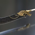 Ornate Decorative Sword With Carved Blade Golden Hilt And White Handle